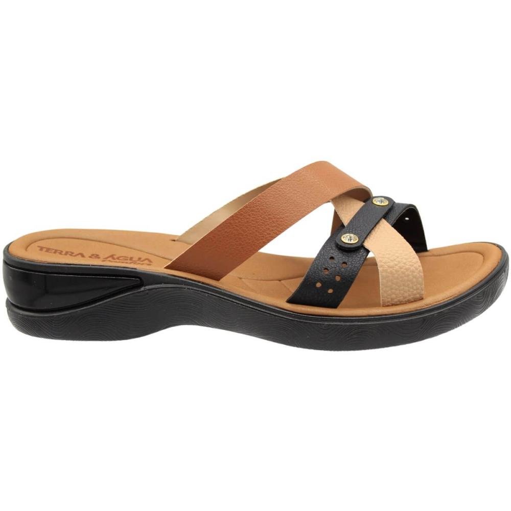 Tamanco Terra E Água Comfort Tiras Texturizadas Aplique Feminino Preto/Marrom 1