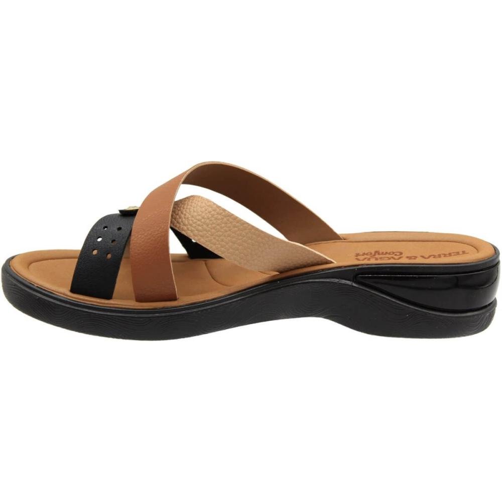 Tamanco Terra E Água Comfort Tiras Texturizadas Aplique Feminino Preto/Marrom 2