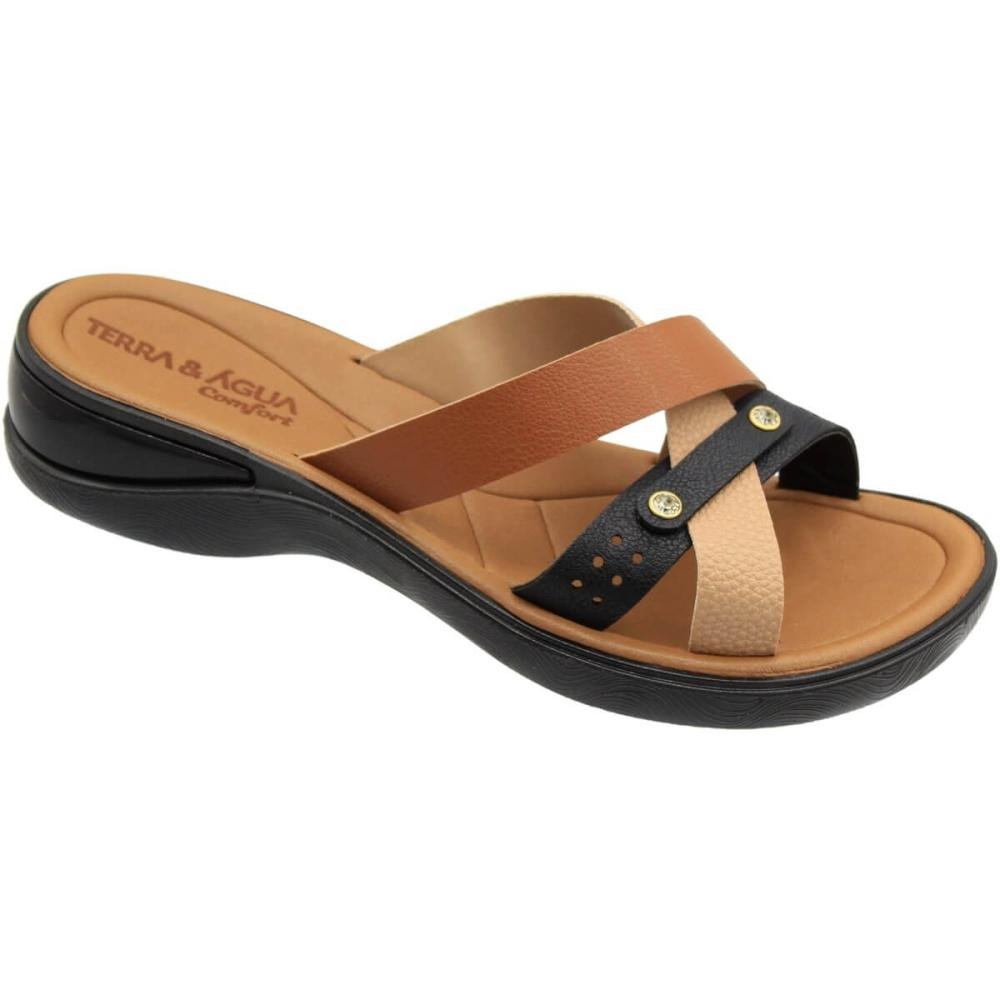 Tamanco Terra E Água Comfort Tiras Texturizadas Aplique Feminino Preto/Marrom 3