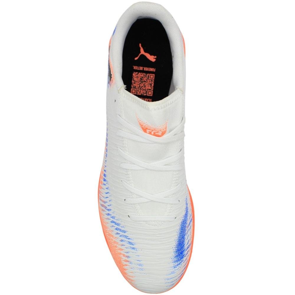 Chuteira Society Puma Future 8 Play Masculina Branco/Laranja/Azul 4