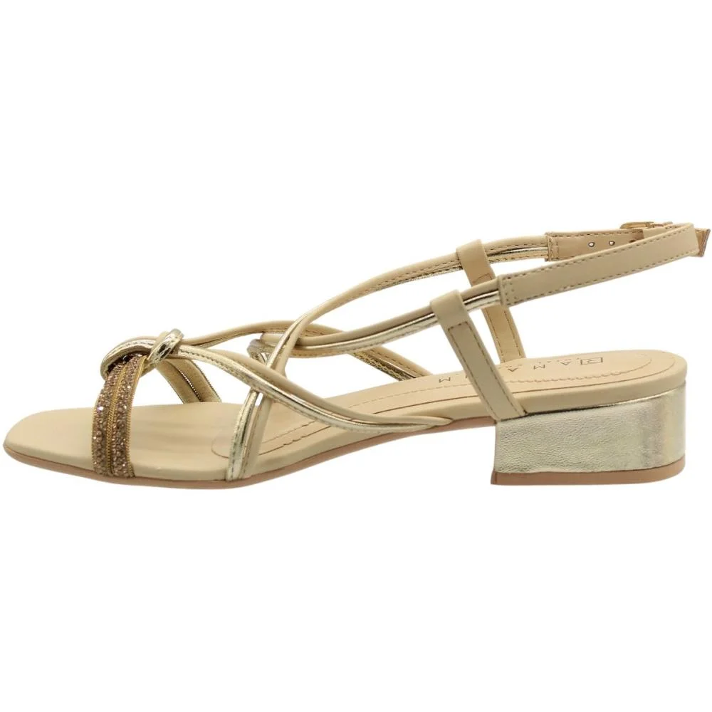Sandália Salto Baixo Ramarim Tiras Cruzadas Strass Feminina Bege 2
