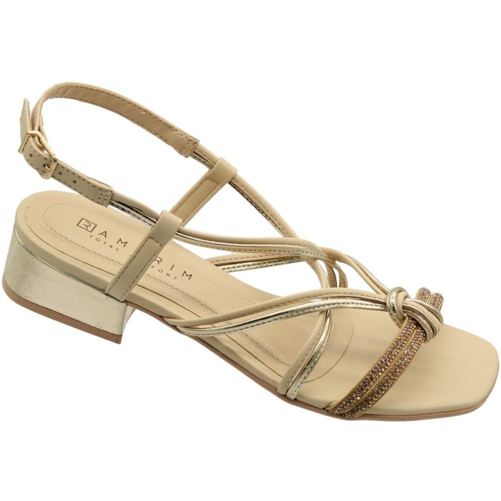 Sandália Salto Baixo Ramarim Tiras Cruzadas Strass Feminina Bege 3