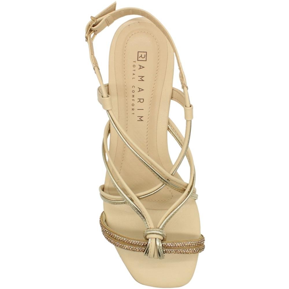 Sandália Salto Baixo Ramarim Tiras Cruzadas Strass Feminina Bege 4