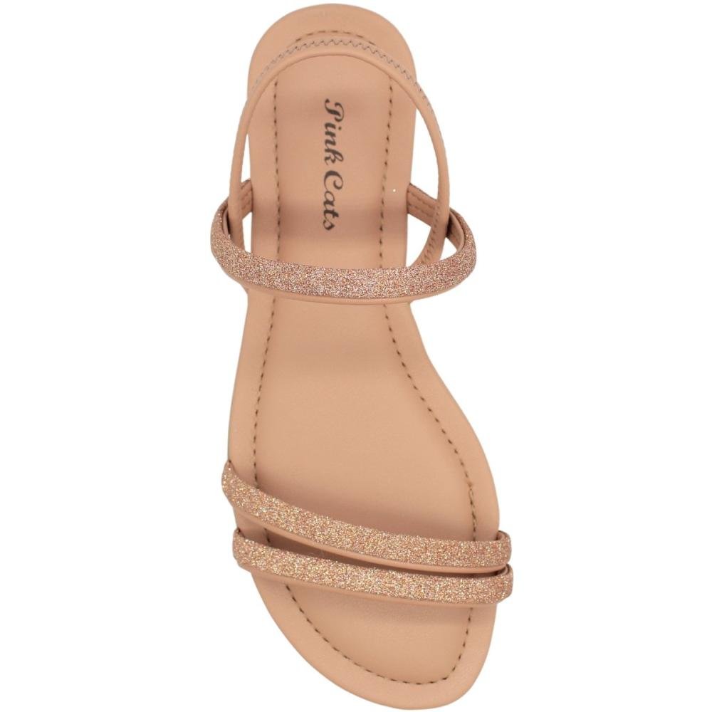 Sandália Rasteira Infantil Pink Cats Tiras Brilhantes Menina Bege 4