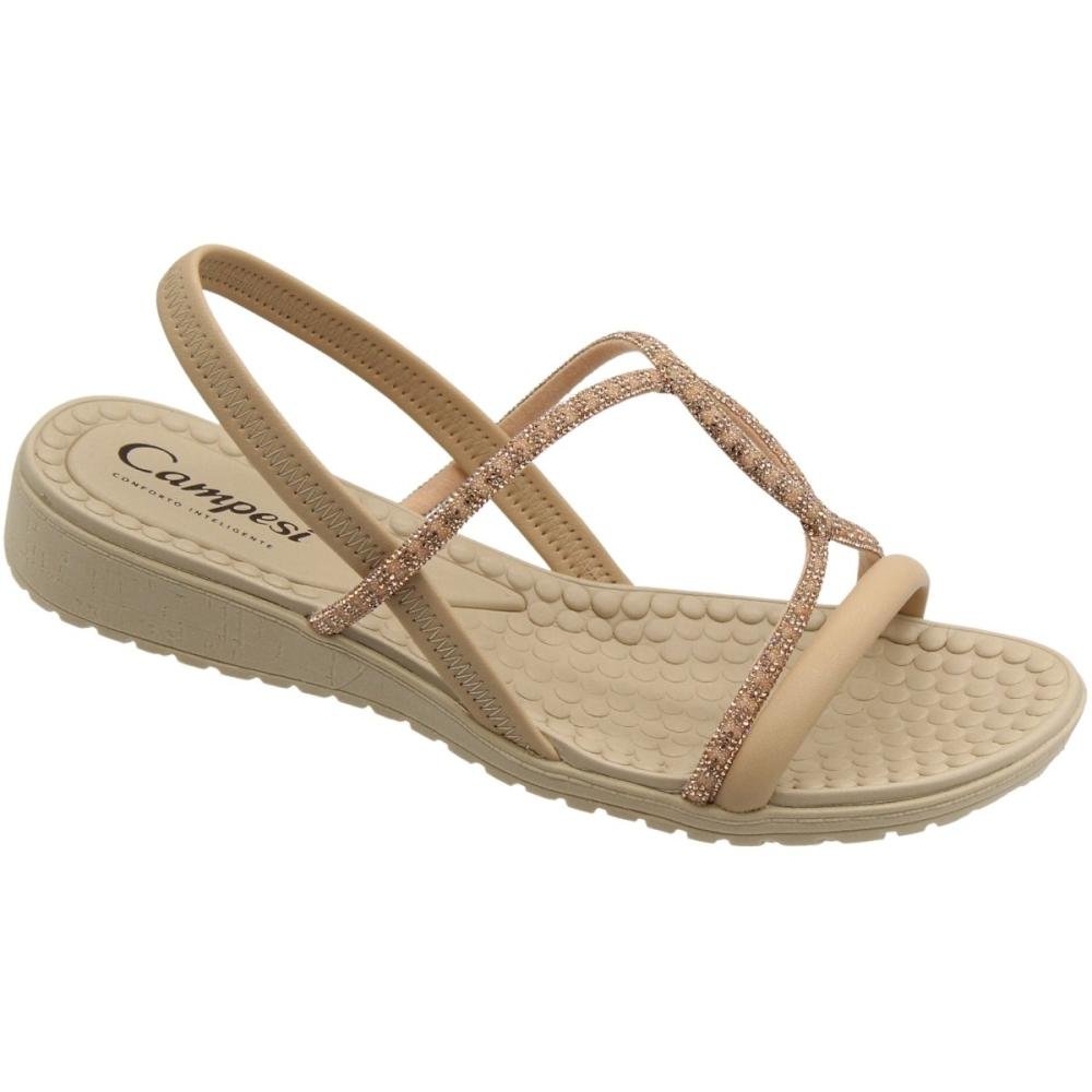 Sandália Salto Baixo Campesí Tiras Strass Entrelaço Feminina Bege 3