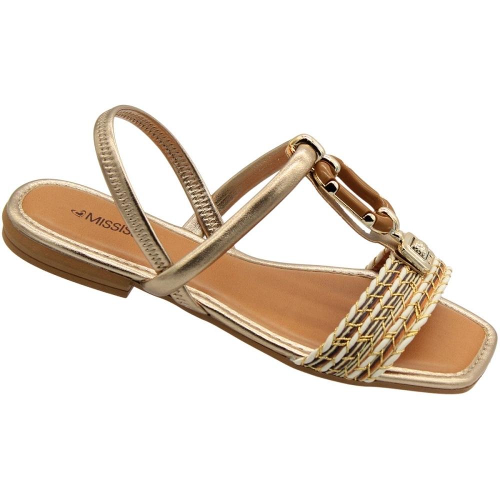 Sandália Rasteira Mississipi Tira Tramada Adornada Feminina Ouro 3