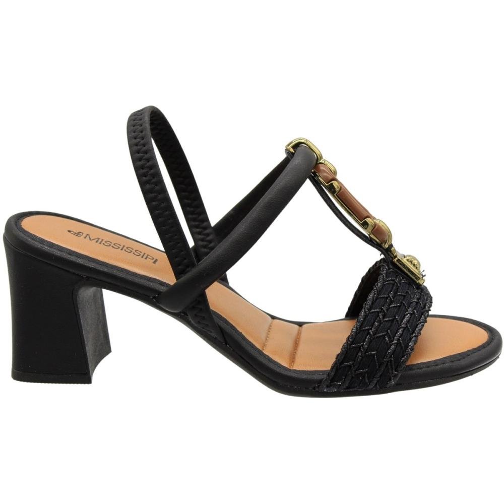 Sandália Salto Médio MIssissipi Adorno Tira Tramada Feminina Preto 1