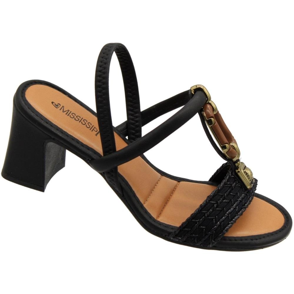 Sandália Salto Médio MIssissipi Adorno Tira Tramada Feminina Preto 3