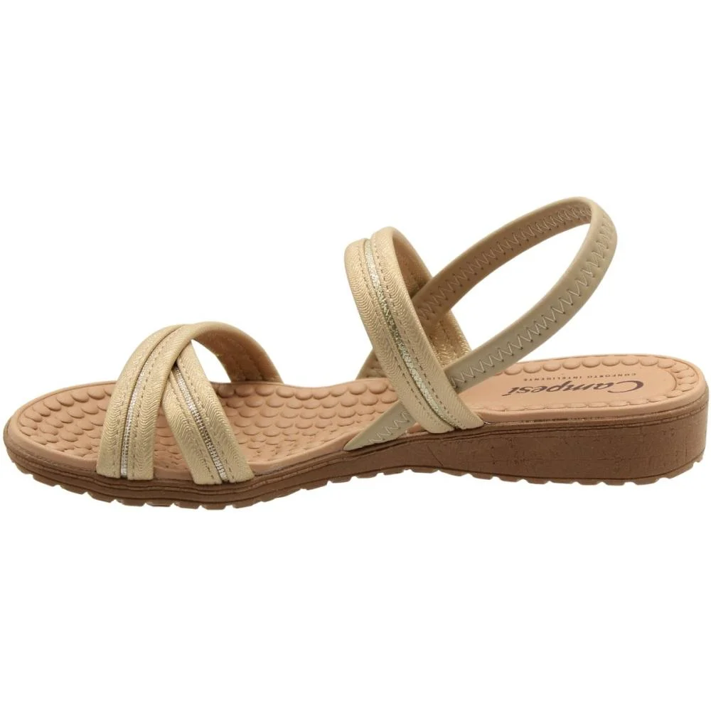 Sandália Salto Baixo Campesí Tiras Cruzadas Brilho Feminino Bege 2