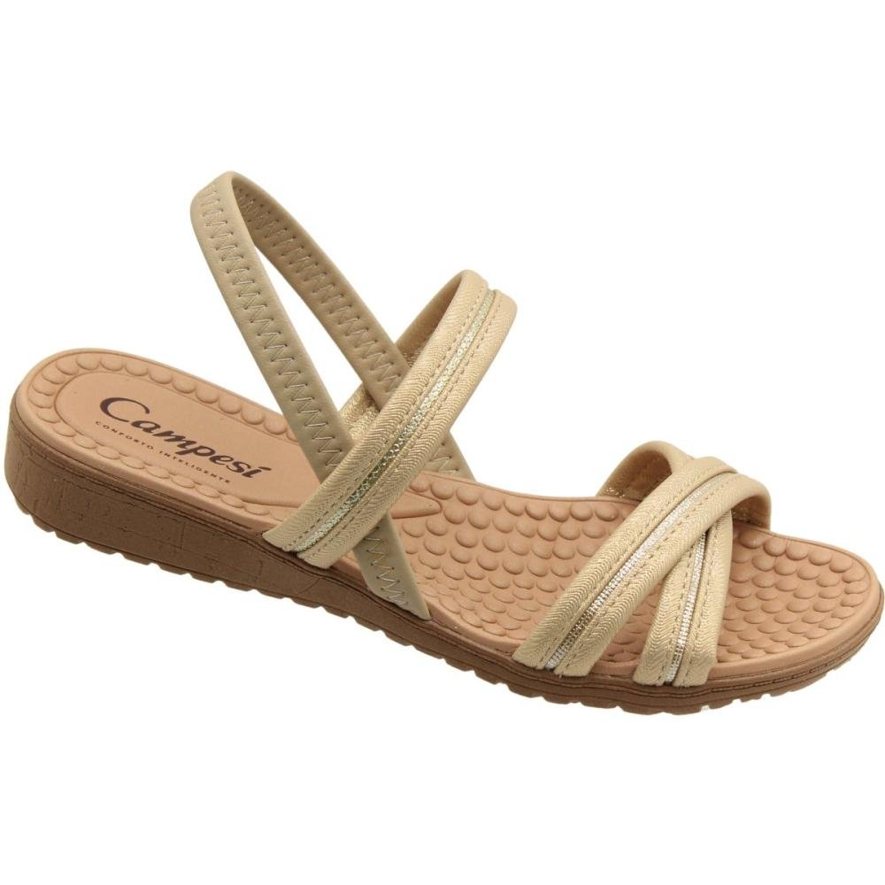 Sandália Salto Baixo Campesí Tiras Cruzadas Brilho Feminino Bege 3
