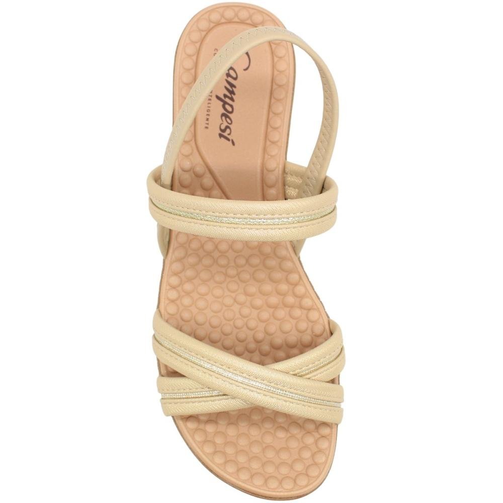 Sandália Salto Baixo Campesí Tiras Cruzadas Brilho Feminino Bege 4