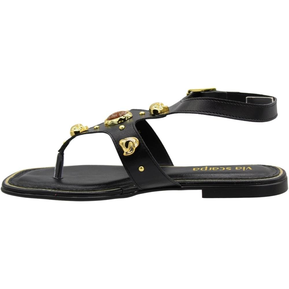 Sandália Rasteira Via Scarpa Apliques Metálicos Feminina Preto 2