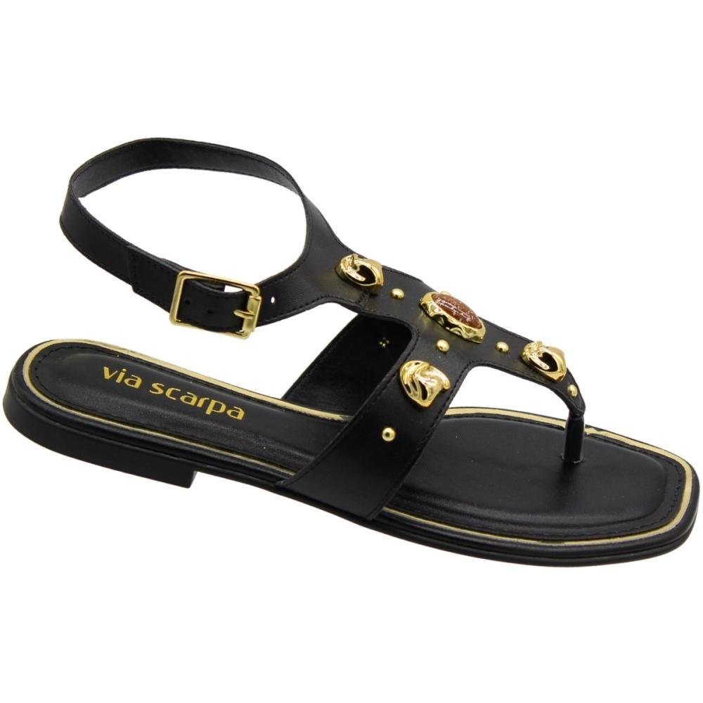 Sandália Rasteira Via Scarpa Apliques Metálicos Feminina Preto 3