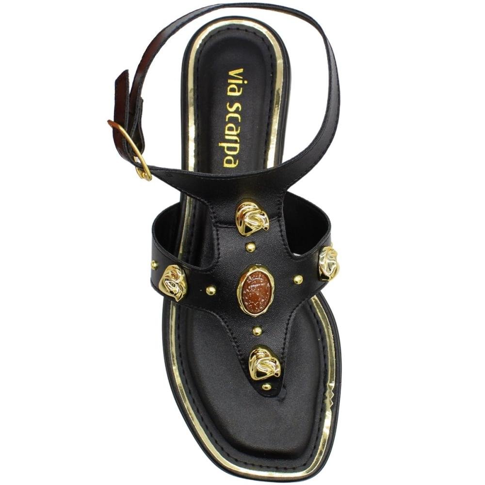 Sandália Rasteira Via Scarpa Apliques Metálicos Feminina Preto 4