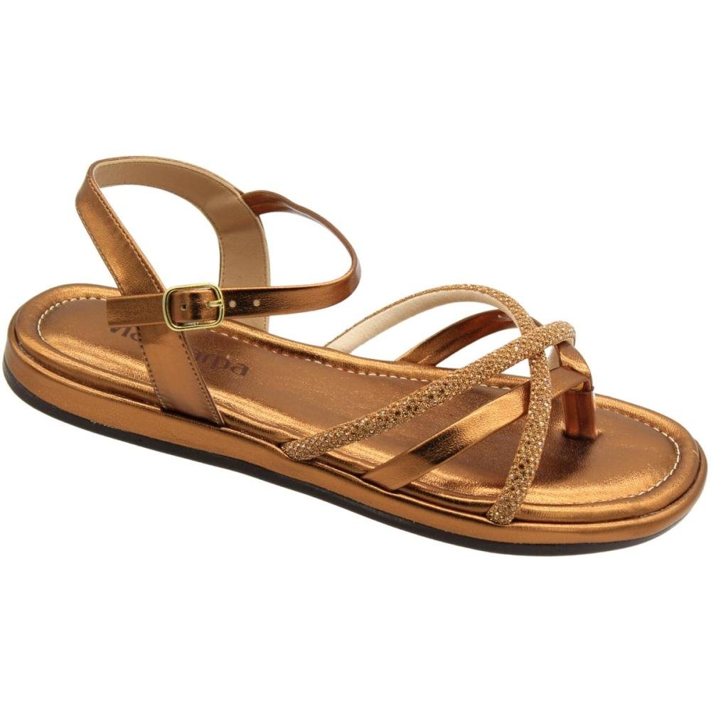 Sandália De Dedo Via Scarpa Tiras Cruzadas Strass Caviar Feminina Dourado 3