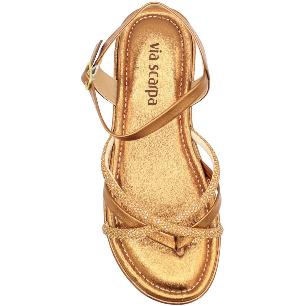 Sandália De Dedo Via Scarpa Tiras Cruzadas Strass Caviar Feminina Dourado 4