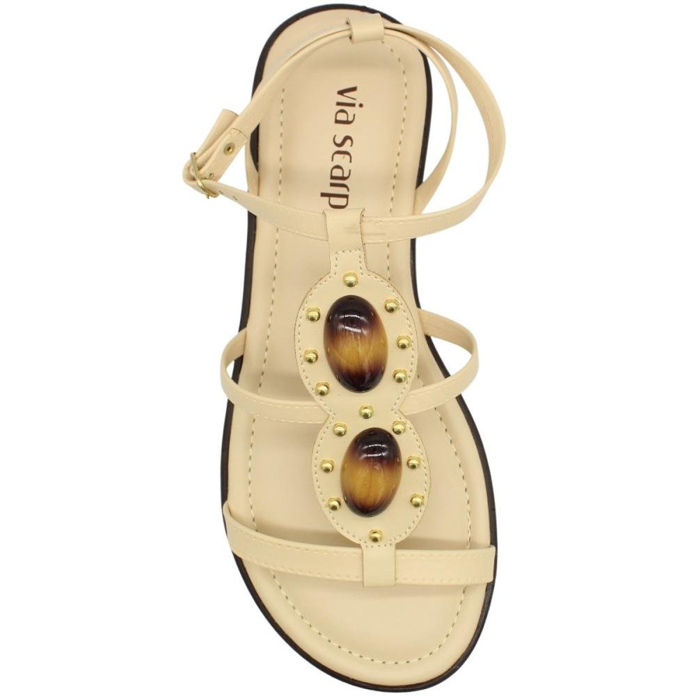 Sandália Rasteira Via Scarpa Adorno Duplo Em Pedra Feminina Bege 4