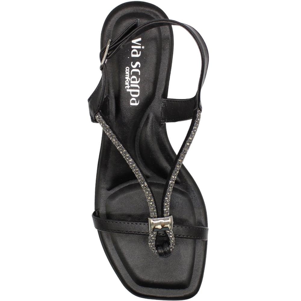 Sandália Salto Baixo Via Scarpa Strass Caviar Feminina Preto 4