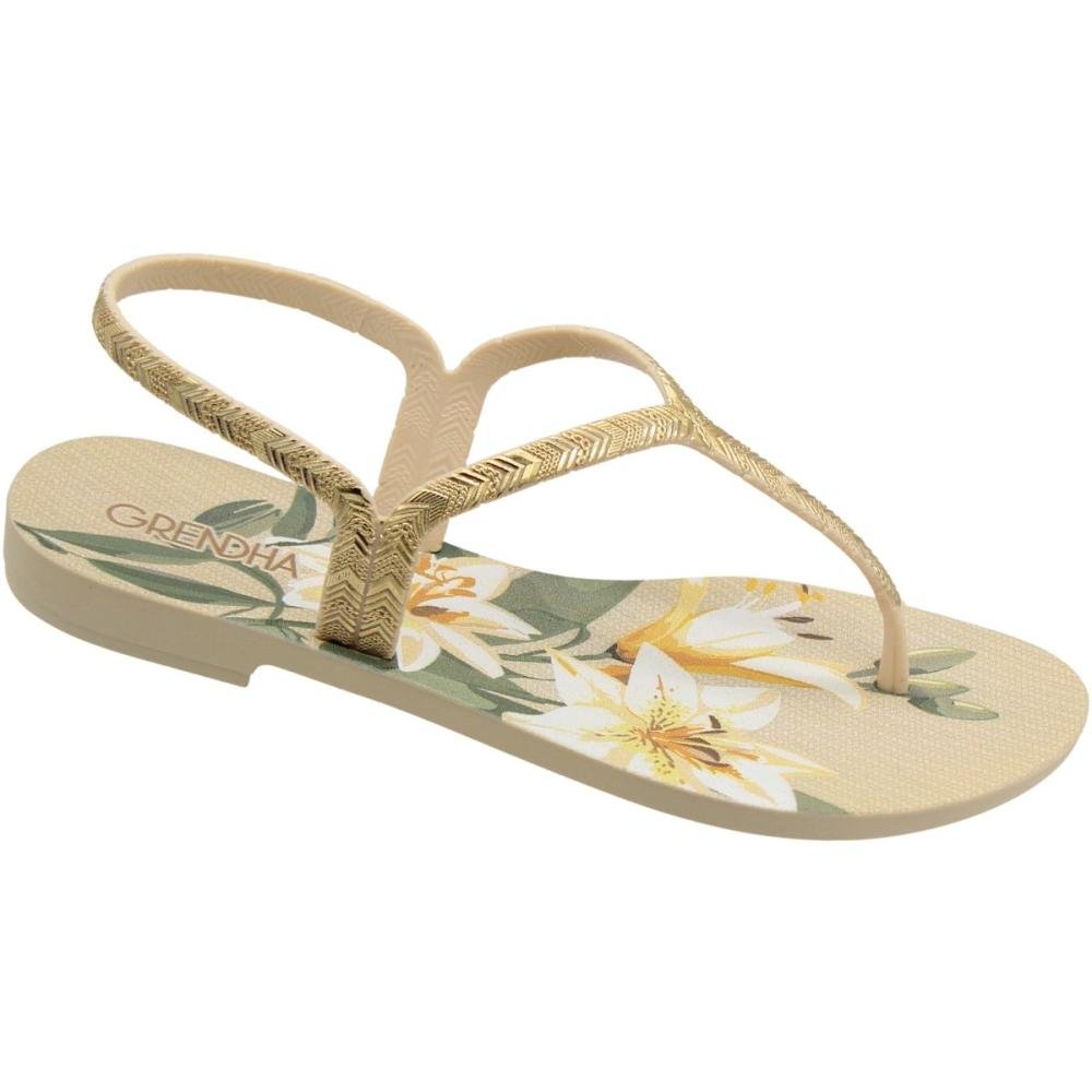 Sandália Rasteira De Dedo Grendha Floral Feminina Bege 2