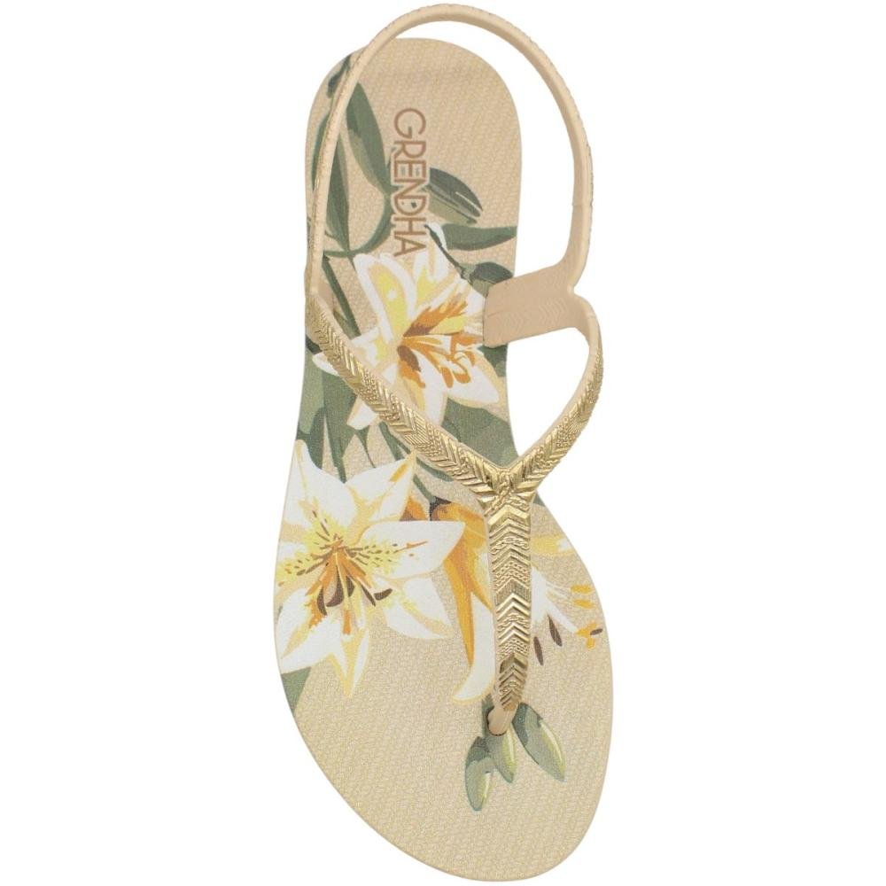 Sandália Rasteira De Dedo Grendha Floral Feminina Bege 4