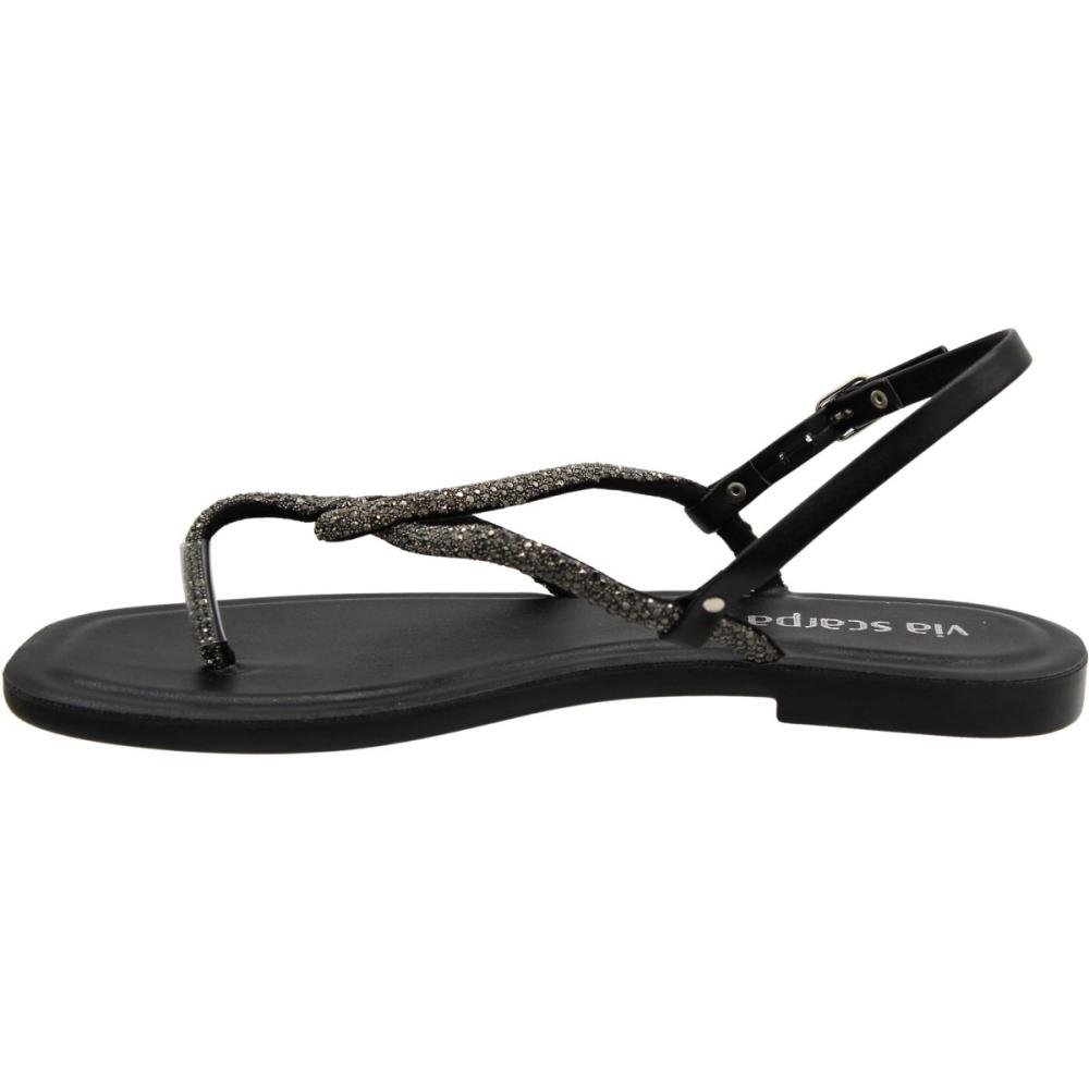 Sandália Rasteira Via Scarpa Strass Napa Tiras Feminina Preto 2