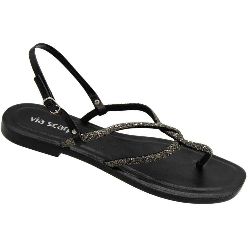 Sandália Rasteira Via Scarpa Strass Napa Tiras Feminina Preto 3