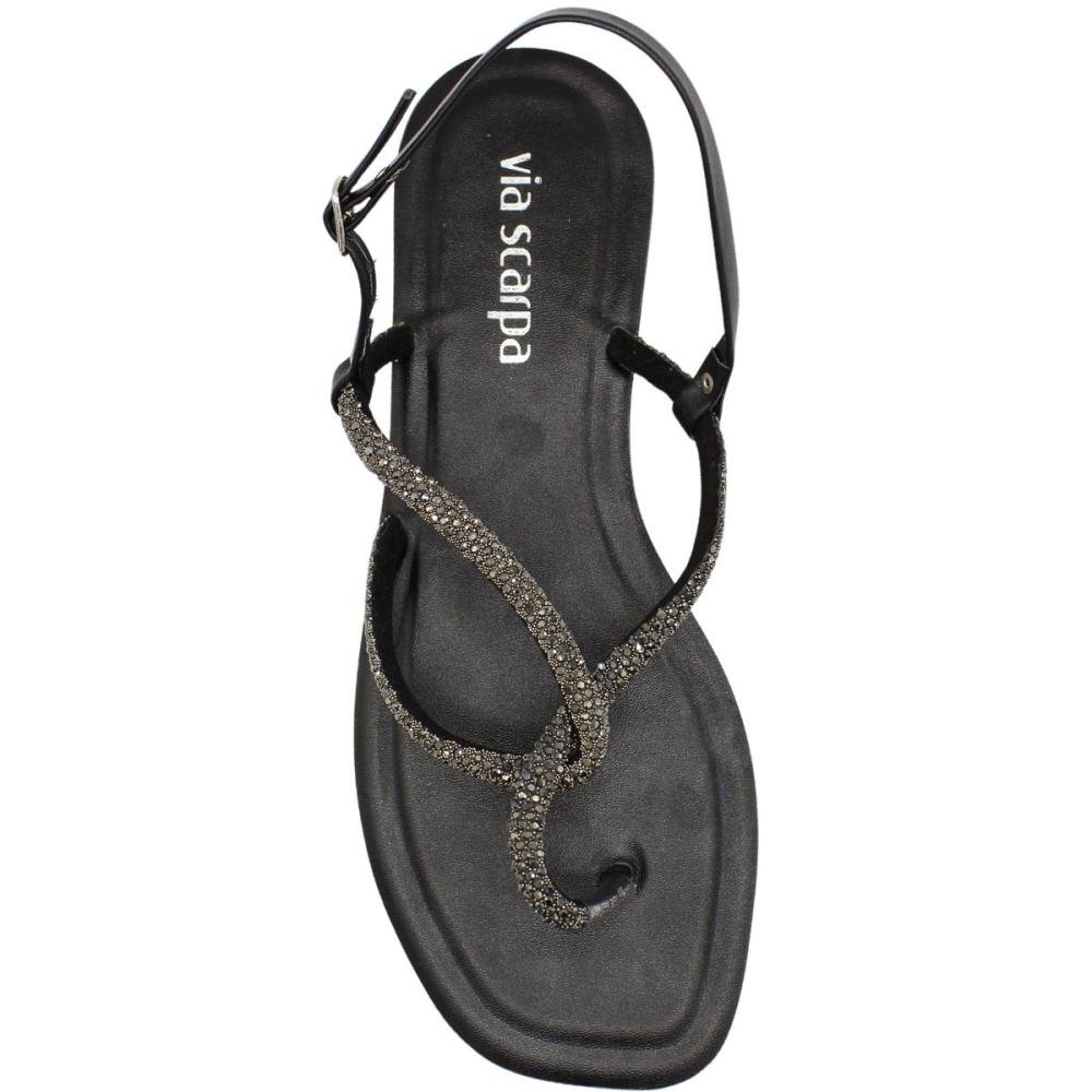 Sandália Rasteira Via Scarpa Strass Napa Tiras Feminina Preto 4