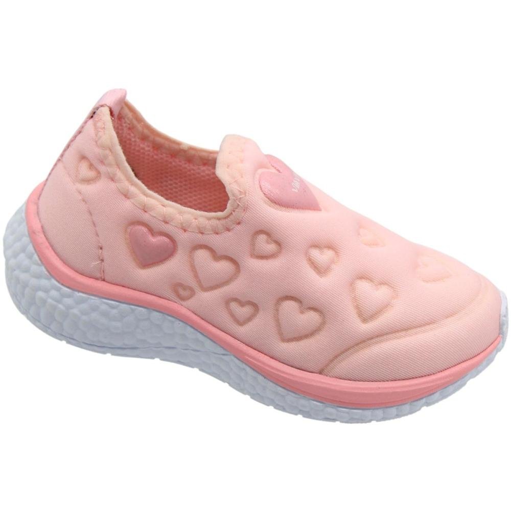 Tênis Infantil Via Vip Corações Escolar Tecido Sem Cadarço Menina Rosa 3