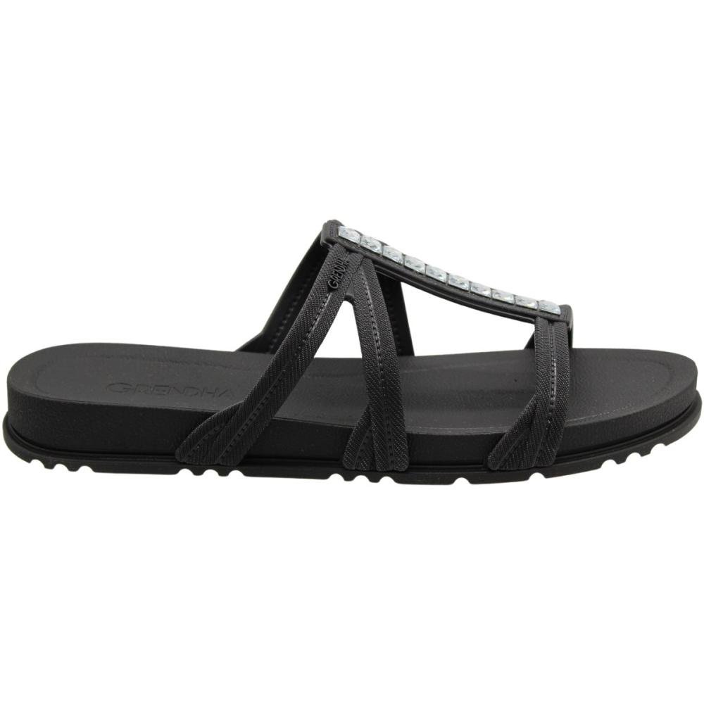 Chinelo Slide Grendha Cristais Tiras Finas Feminina Preto 2