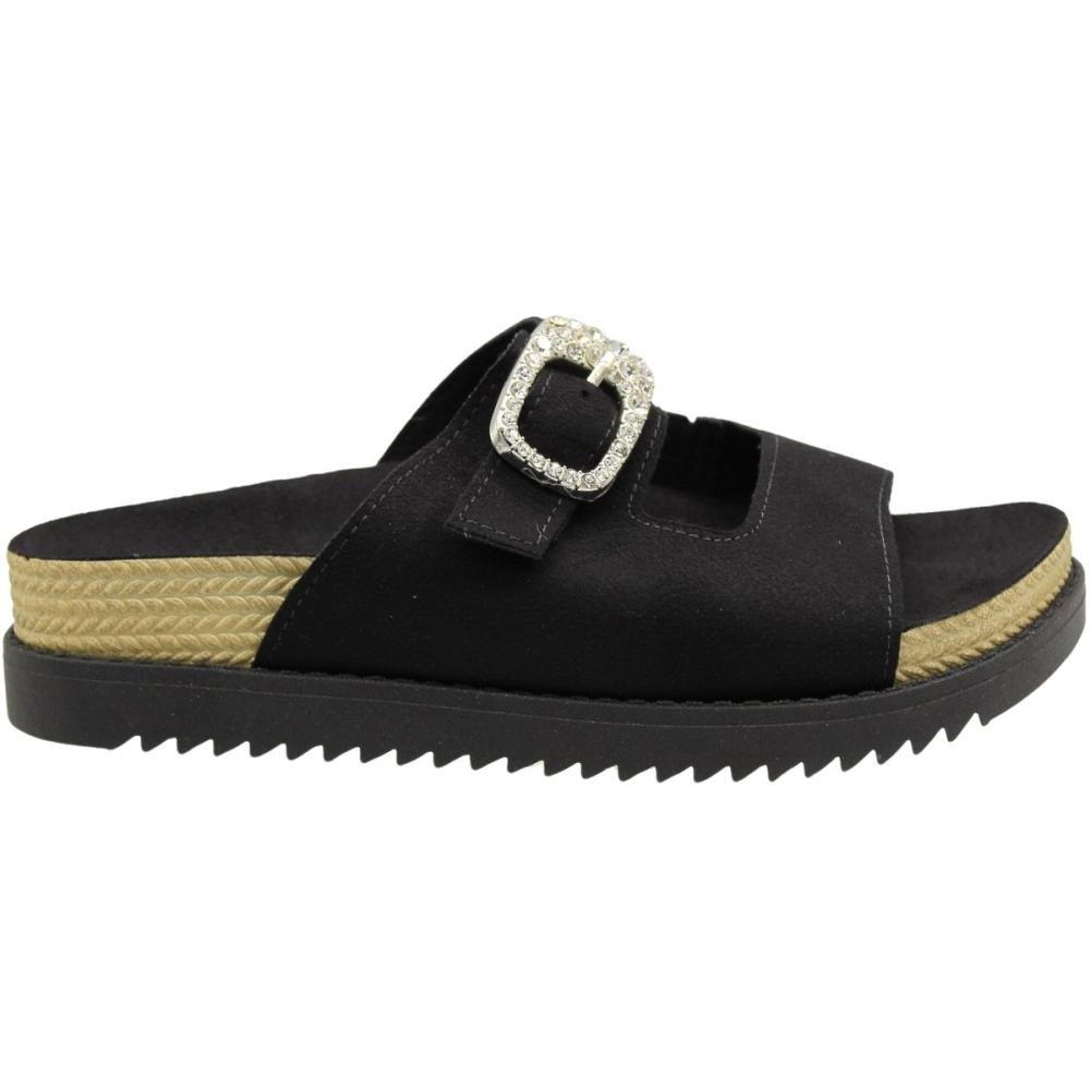 Tamanco Slide Plataforma Moleca Camurça Flex Fivela Cravejada Feminina