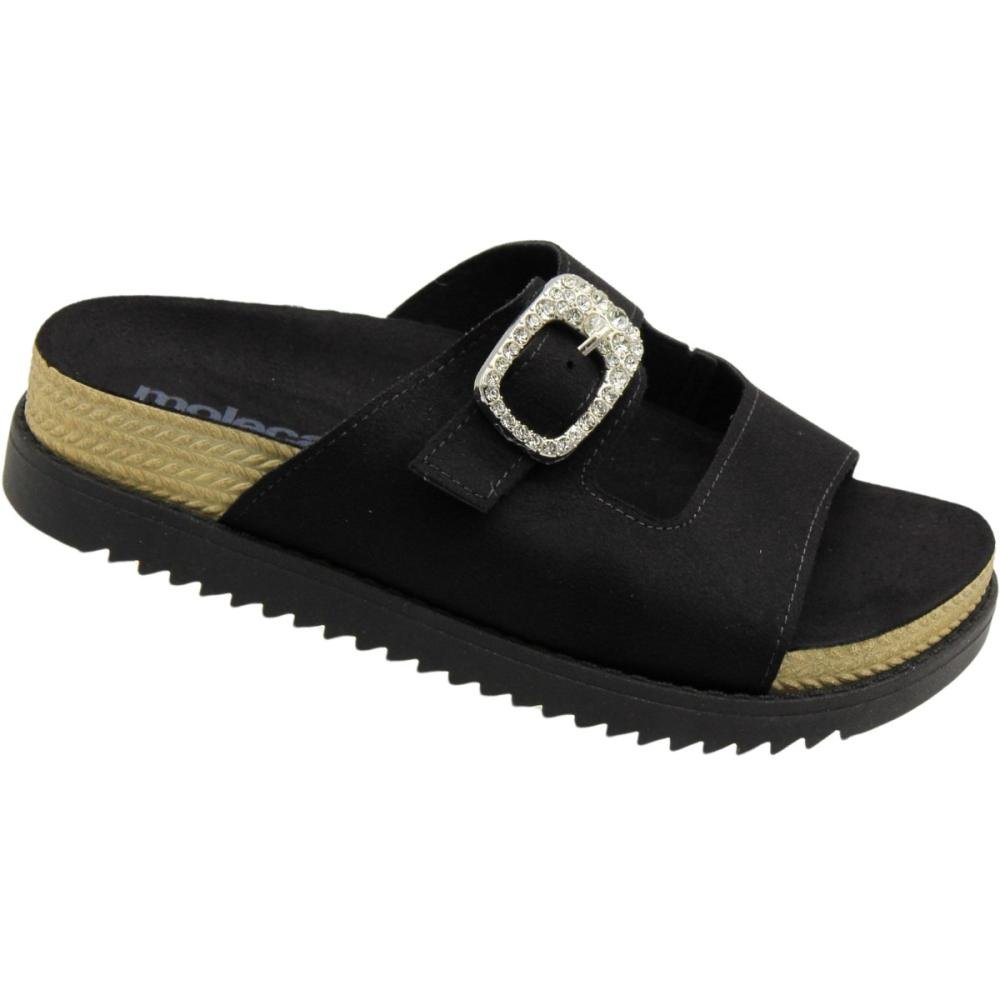 Tamanco Slide Plataforma Moleca Camurça Flex Fivela Cravejada Feminina Preto 3