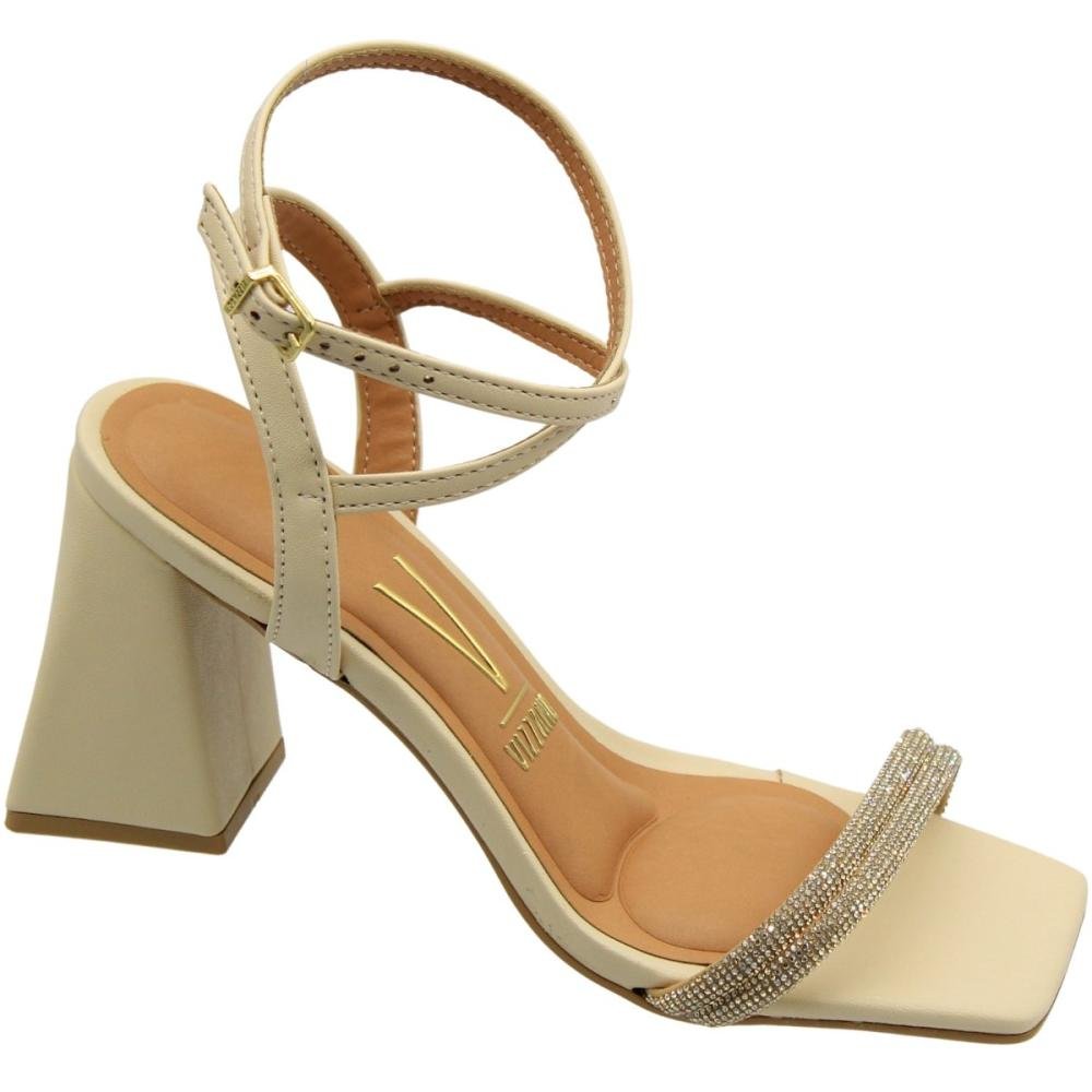Sandália Salto Médio Grosso Vizzano Tira Dupla Strass Feminina Bege 3