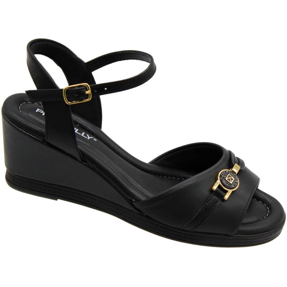 Sandália Salto Médio Anabela Piccadilly Macia Adorno Metal Feminina Preto 3