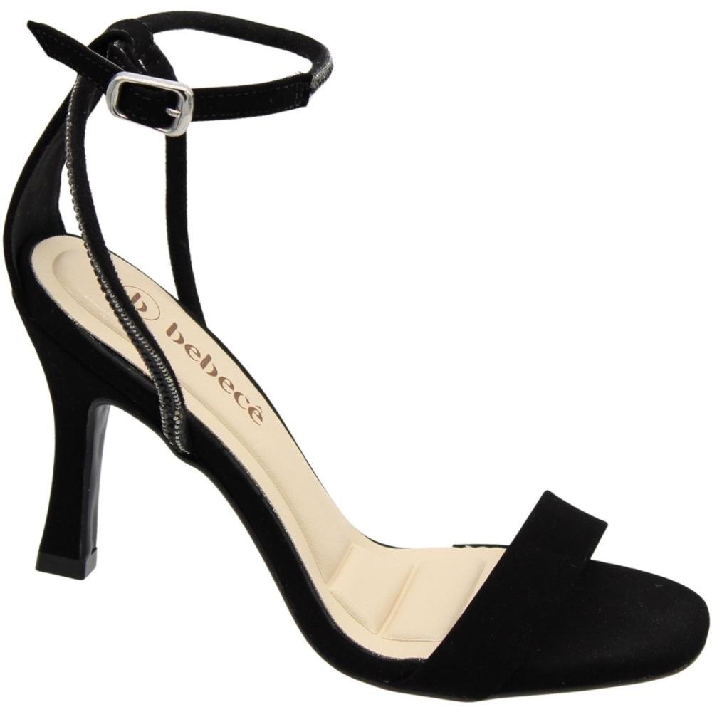 Sandália Salto Médio Fino Bebecê Tiras Strass Nobuck Feminina Preto 3