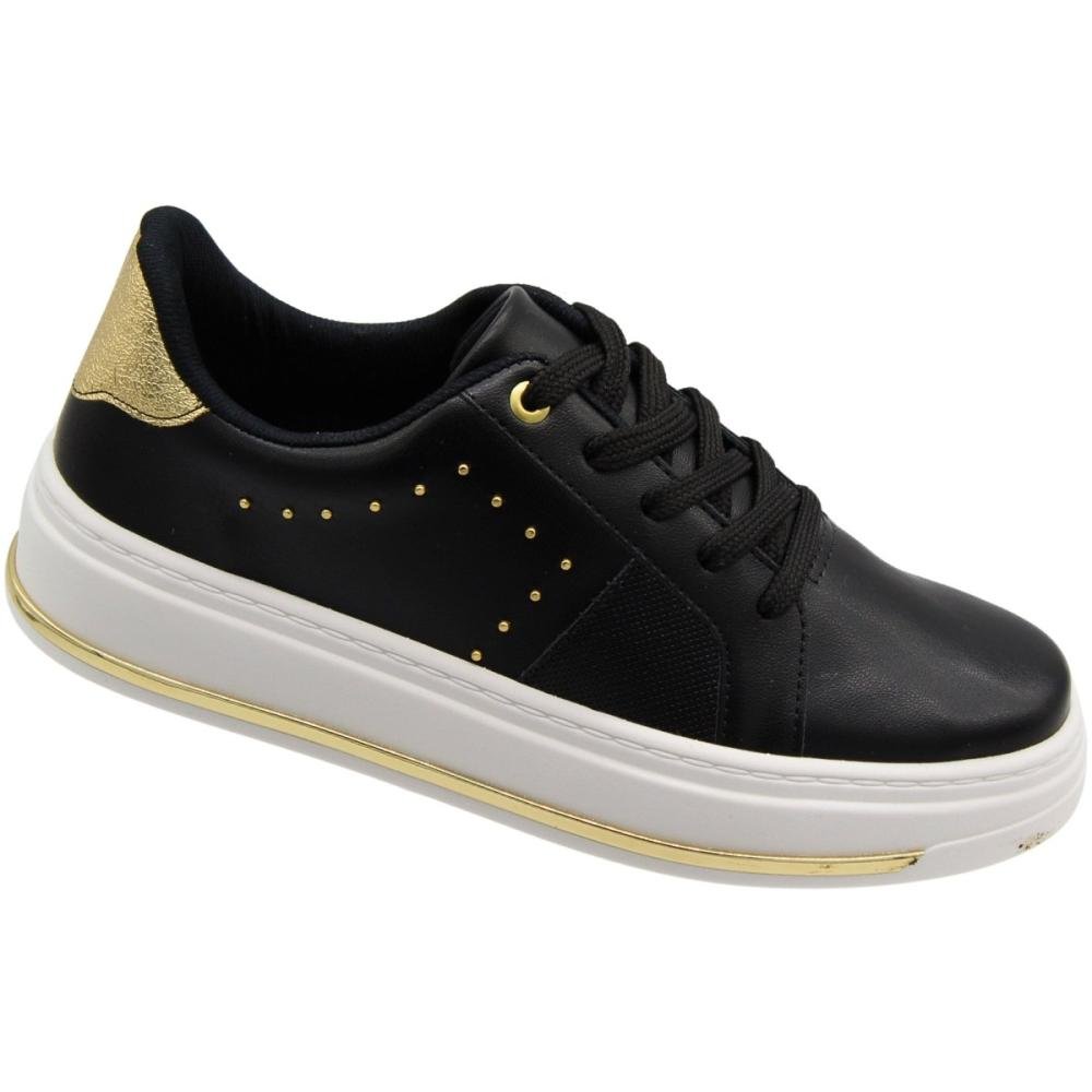 Tênis Beira Rio Casual Napa Turim apliques metálicos Feminino Preto/Dourado 3