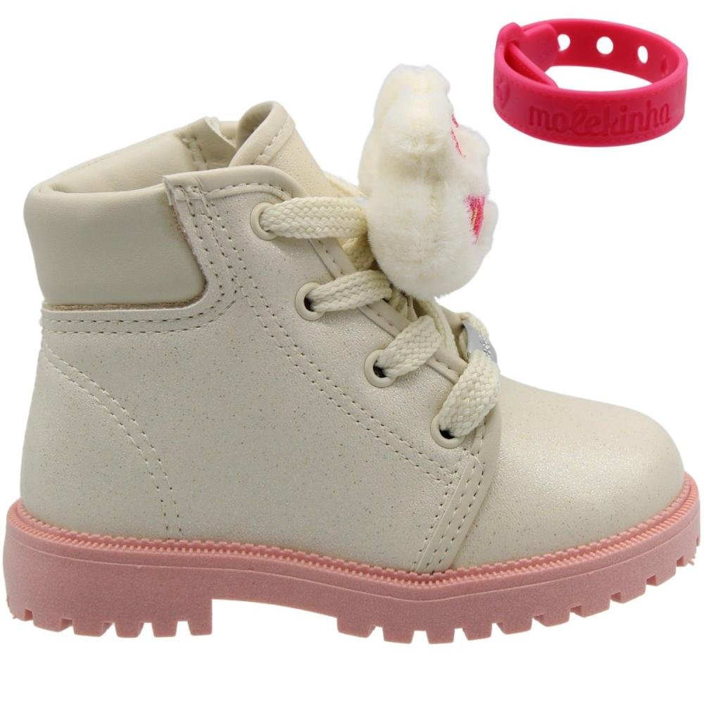 Bota Infantil Molekinha  Paris Napa Pompom  Menina Com Pulseira