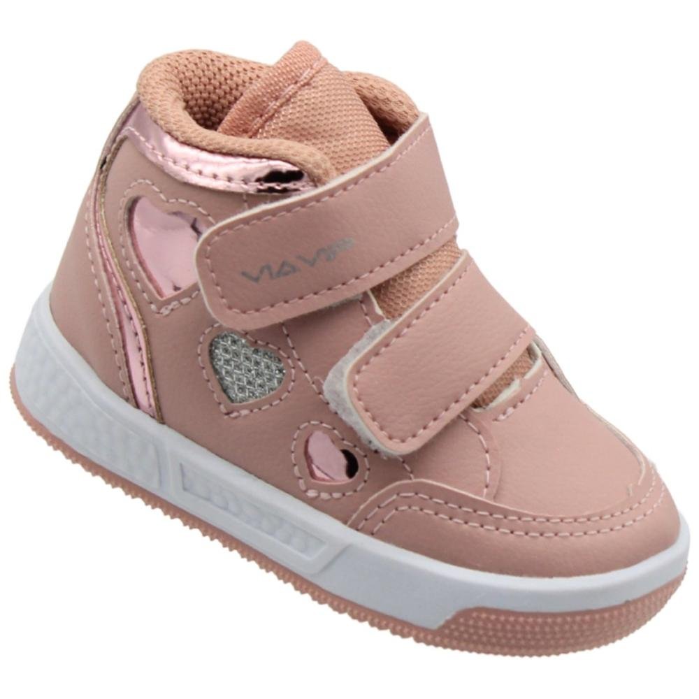 Tênis Casual Cano Alto Baby Via Vip Tiras Duplas Aplique Coração Menina Rosa 3