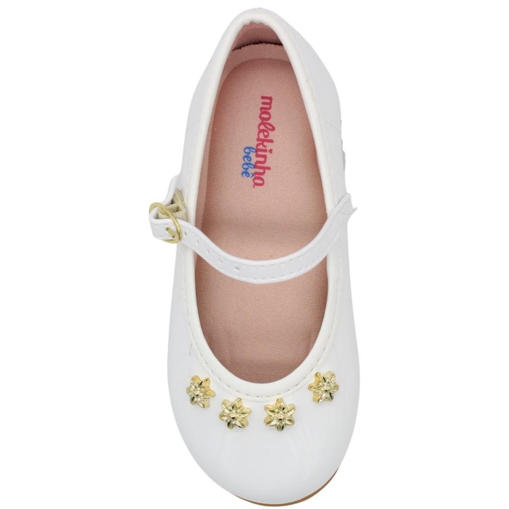 Sapatilha Baby Molekinha Tira Fivela Aplique Floral Menina Branco 4