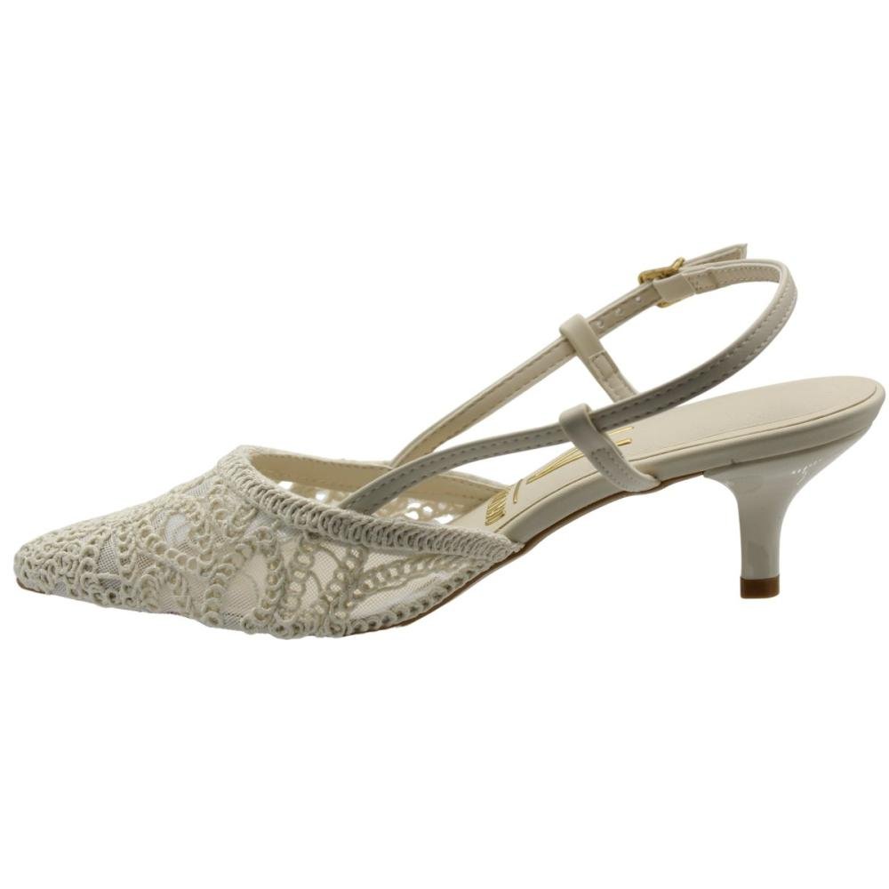 Scarpin Slingback Salto Fino Baixo Vizzano Renda Bico Fino Feminino Branco 2