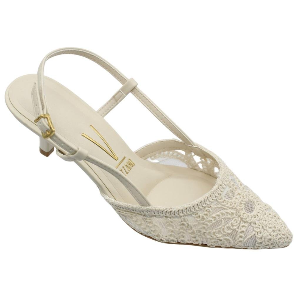 Scarpin Slingback Salto Fino Baixo Vizzano Renda Bico Fino Feminino Branco 3