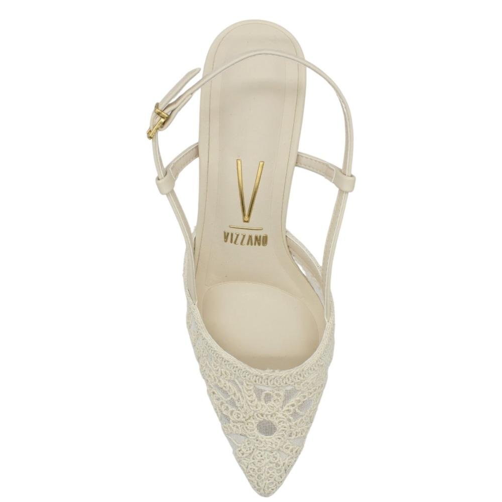 Scarpin Slingback Salto Fino Baixo Vizzano Renda Bico Fino Feminino Branco 4