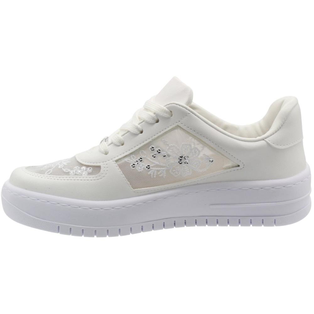 Tênis Casual Vizzano Tela Bordada Respirável Cadarço Feminino Branco 2