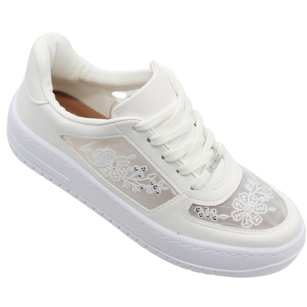 Tênis Casual Vizzano Tela Bordada Respirável Cadarço Feminino Branco 3