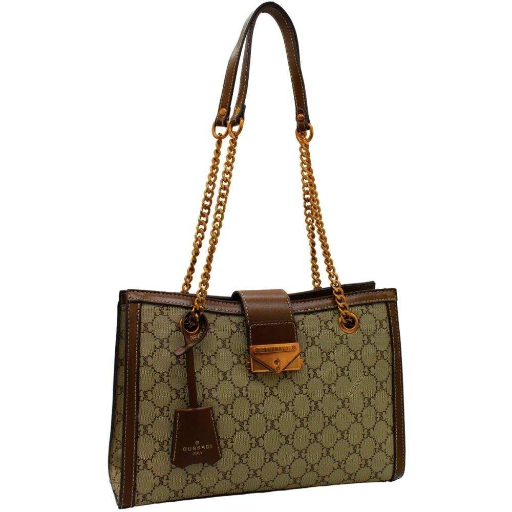 Bolsa Tiracolo Gussaci Monograma Alça Corrente Feminino Marrom 3