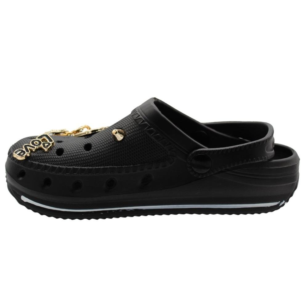 Clog Feminino Largo Yvate Boton Colorido Removível Confortável Preto 2