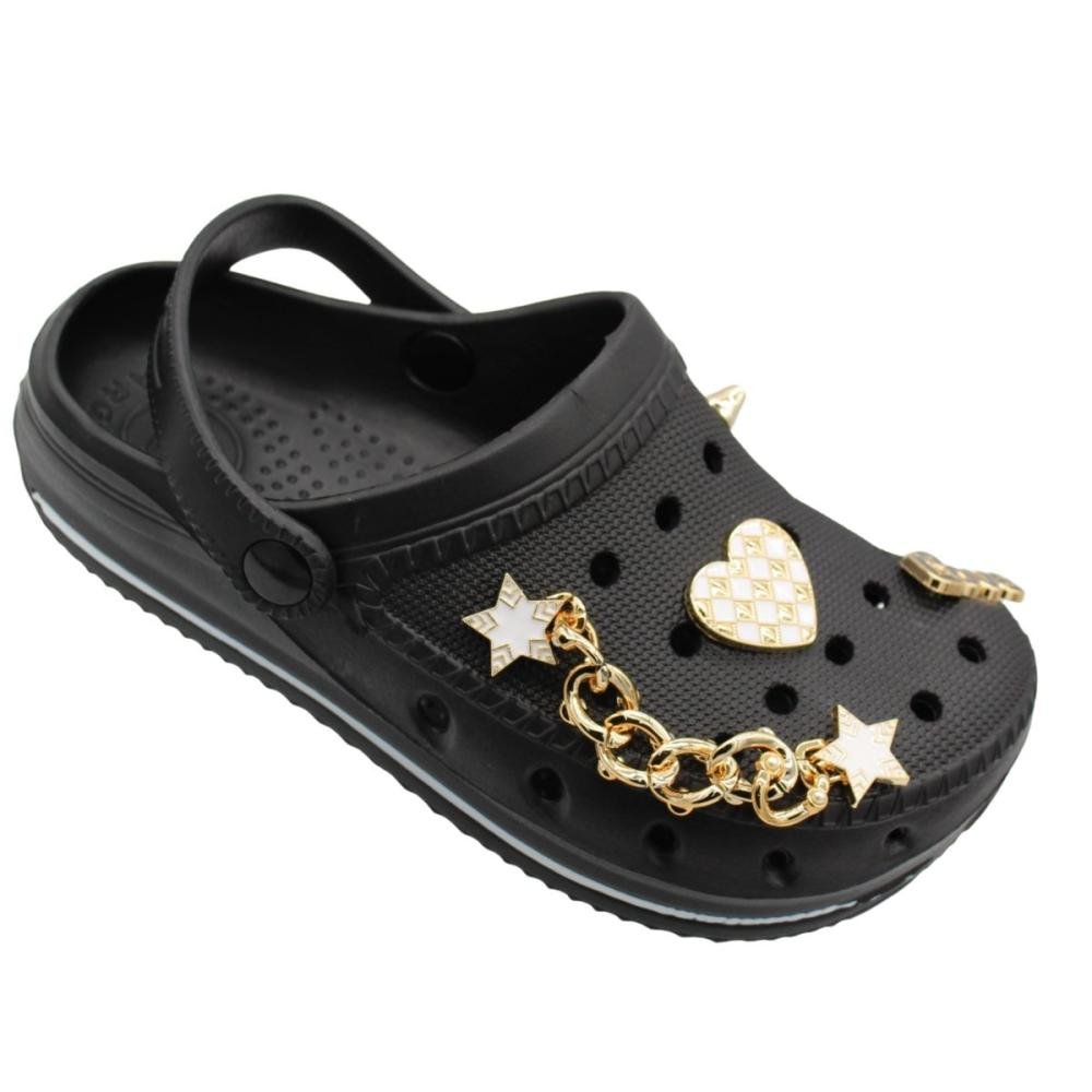 Clog Feminino Largo Yvate Boton Colorido Removível Confortável Preto 3