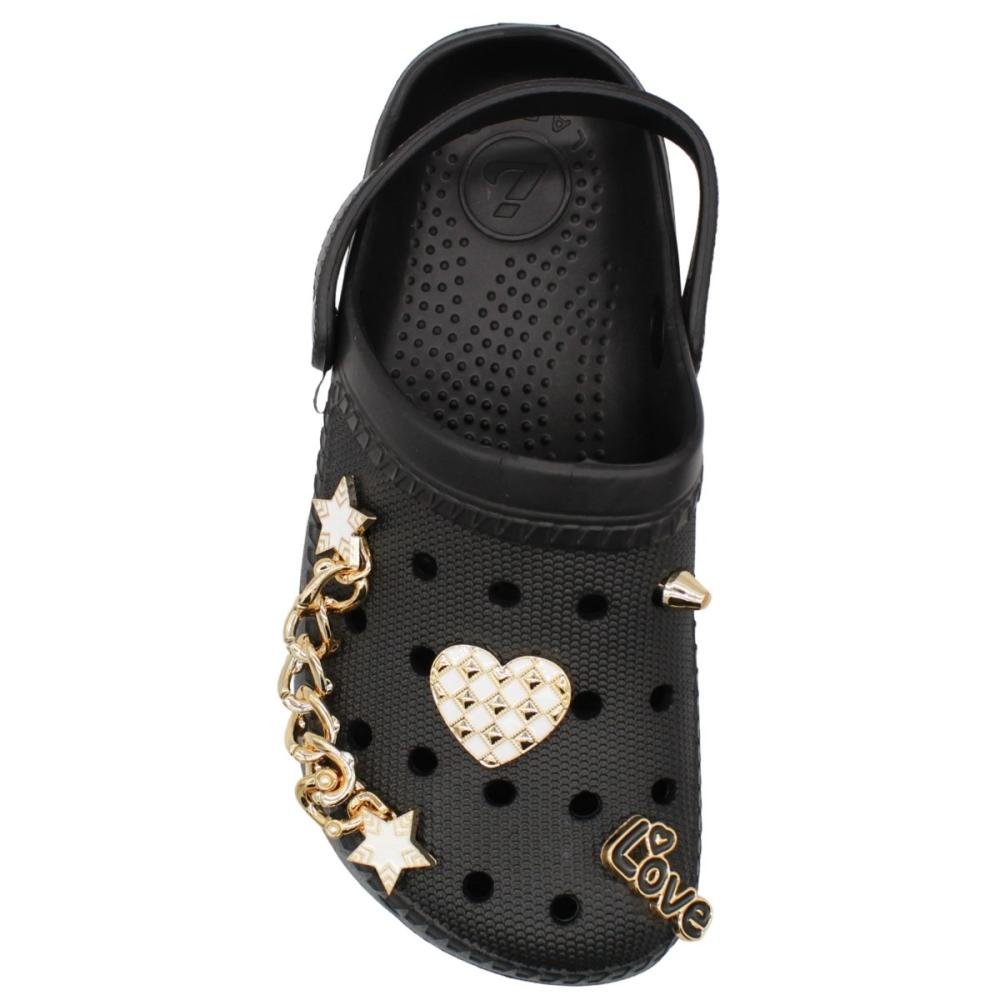 Clog Feminino Largo Yvate Boton Colorido Removível Confortável Preto 4