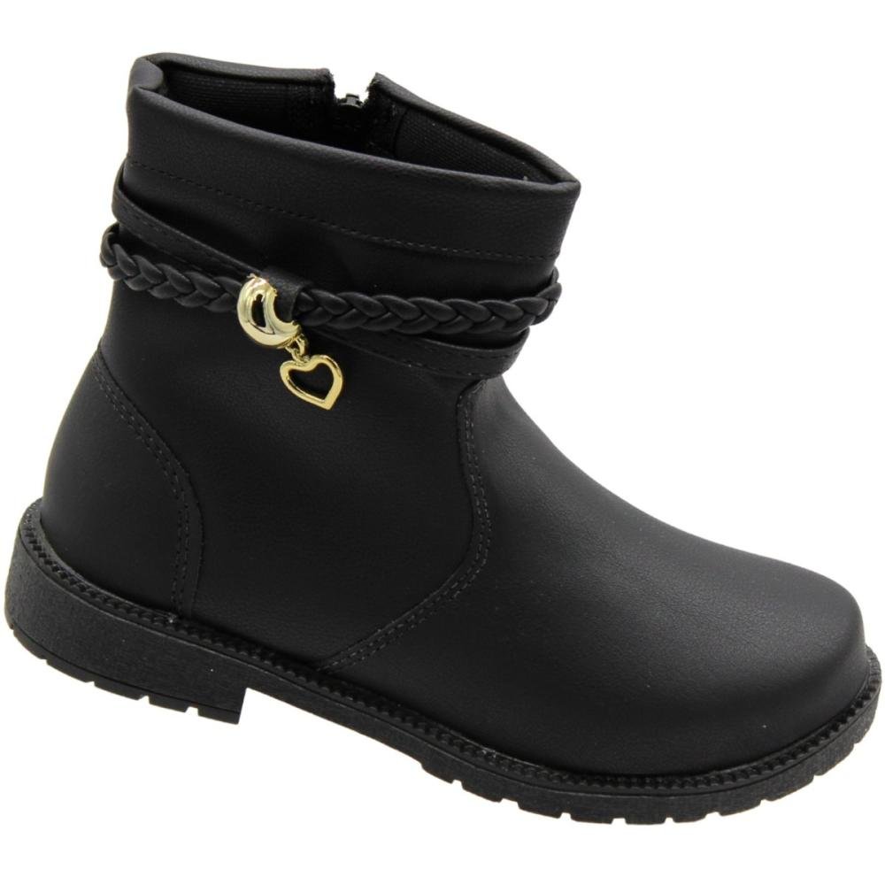 Bota Juvenil Street Cal tira Trançada Aplique Coração Menina Preto 3