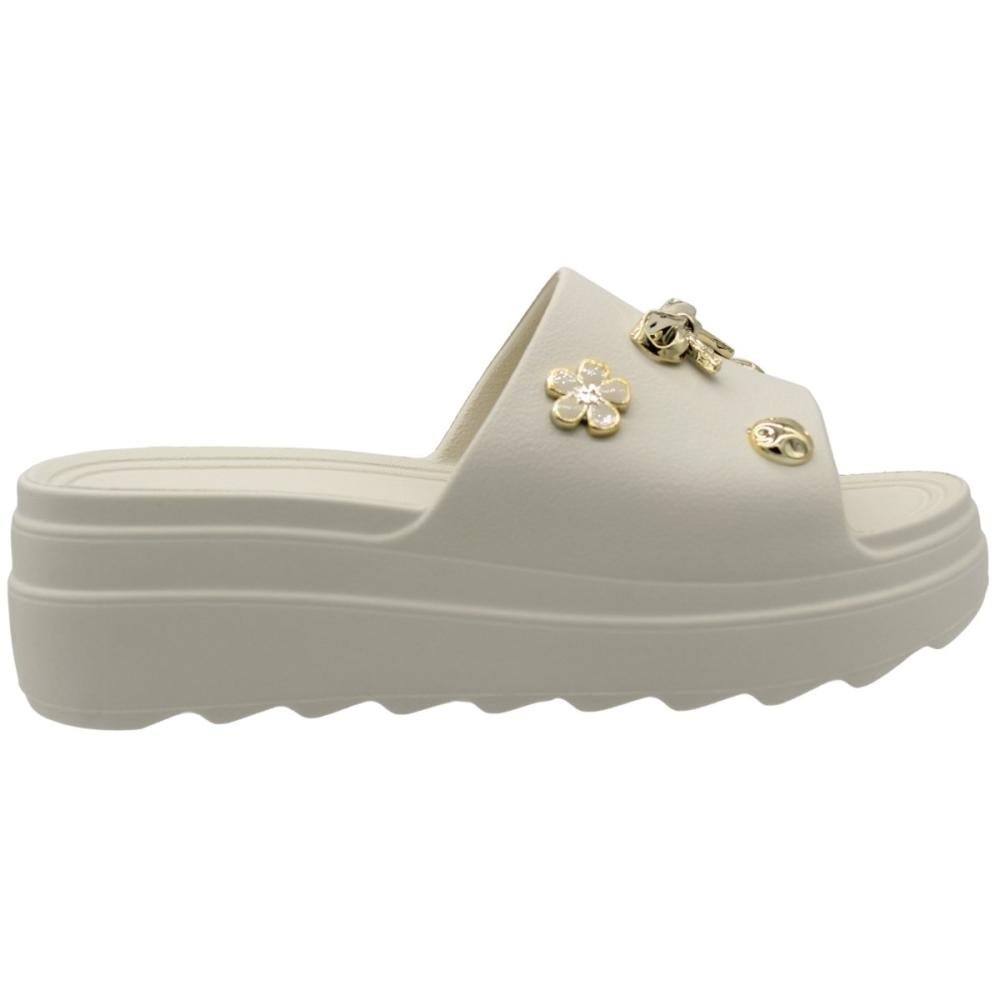 Tamanco Slide Plataforma Moleca Tira Larga Apliques Decorativos Feminino Branco 4