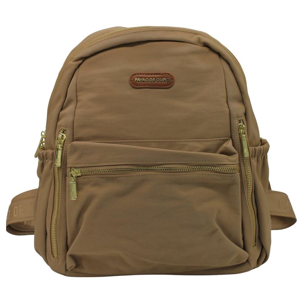 Mochila De Costas Pavão De Ouro Nylon Bolsos Frontais Feminina